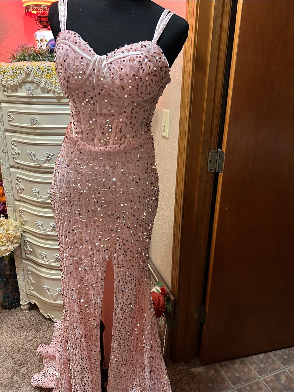 NWOT Blush Sequin Prom Gown with Corset Bodice